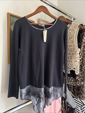 Mystree S gray Long Sleeve waffle knit Top with tie dye back panel